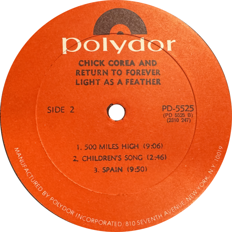 Light As A Feather 1973年 US盤
(PD-5525-B-3 Label
